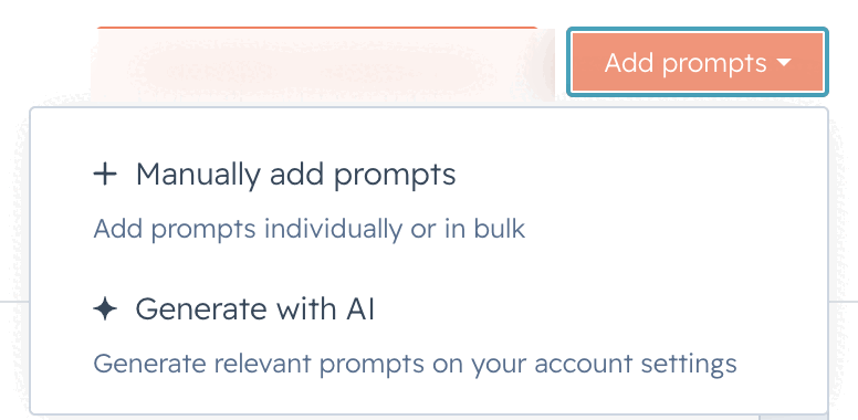 The Add prompts dropdown in HubSpot AEO with two options: Manually add prompts, or Generate with AI